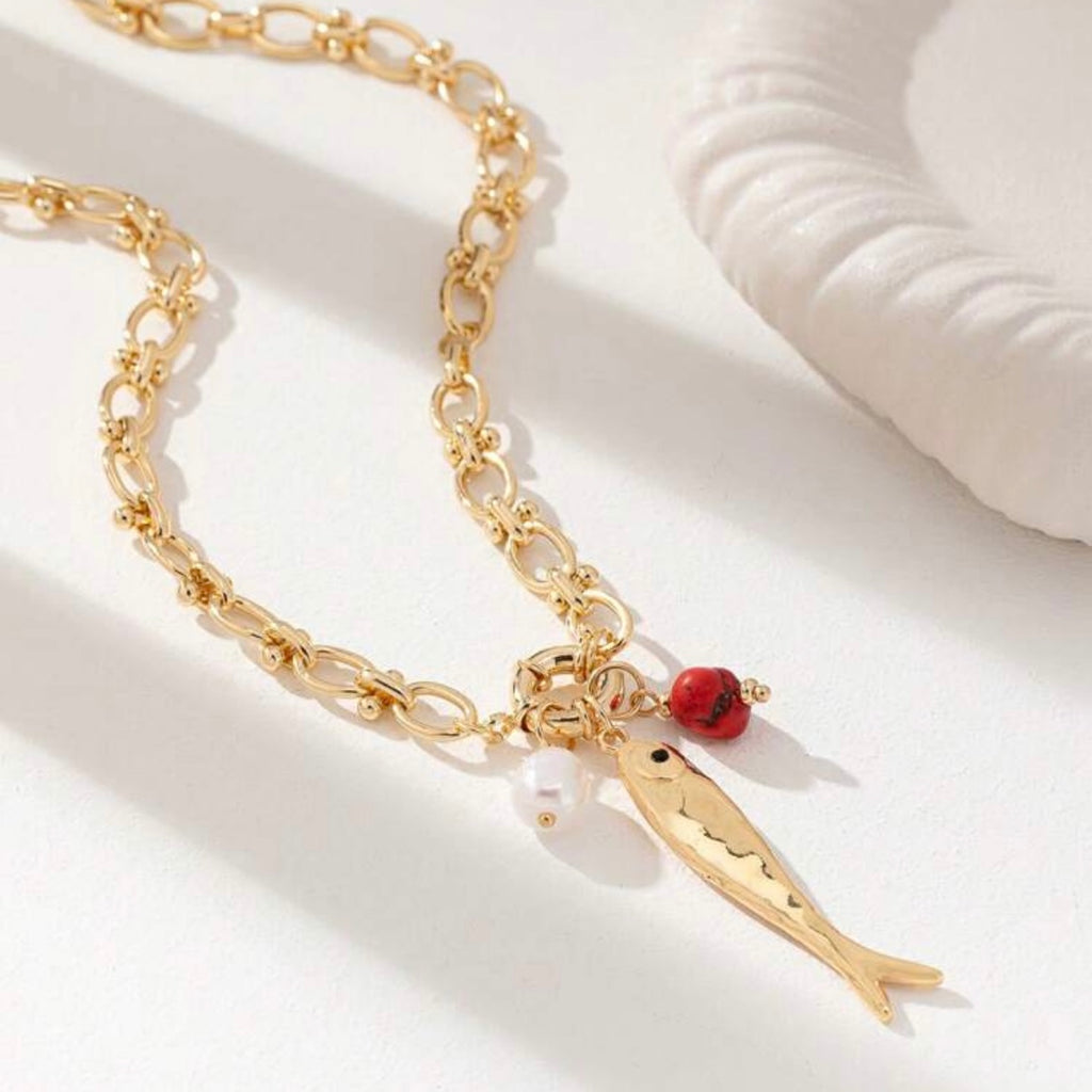 Gold Fish Pendant Necklace with Coral Gemstone & Pearl