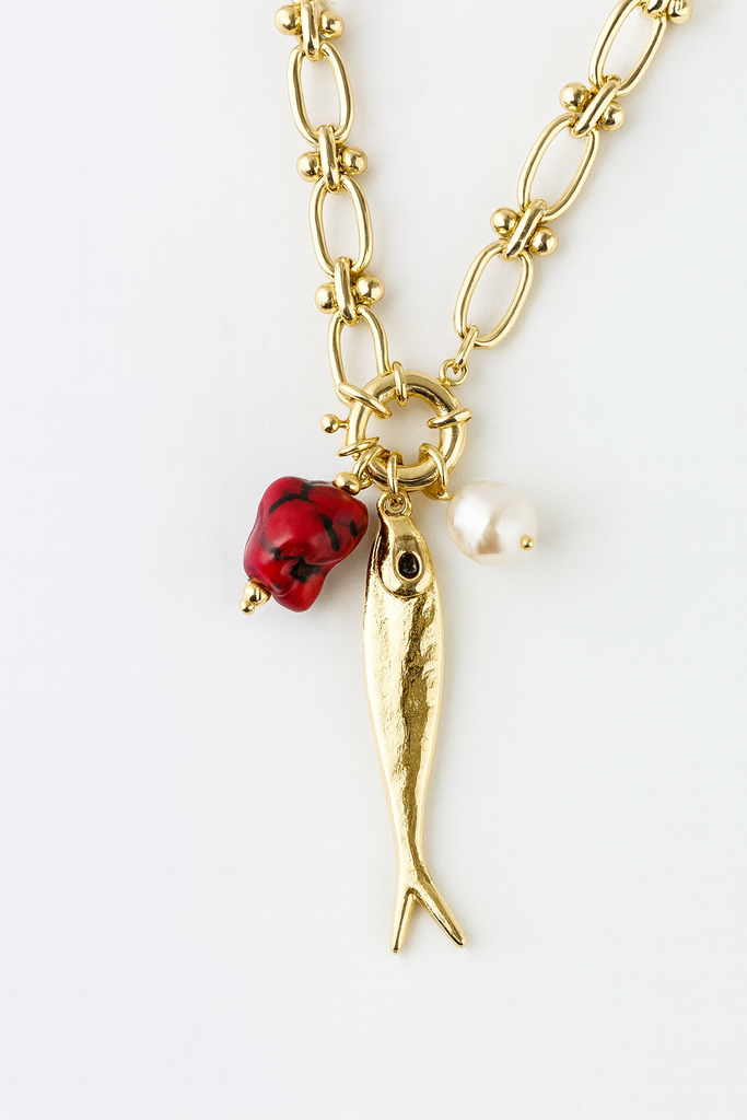 Gold Fish Pendant Necklace with Coral Gemstone & Pearl